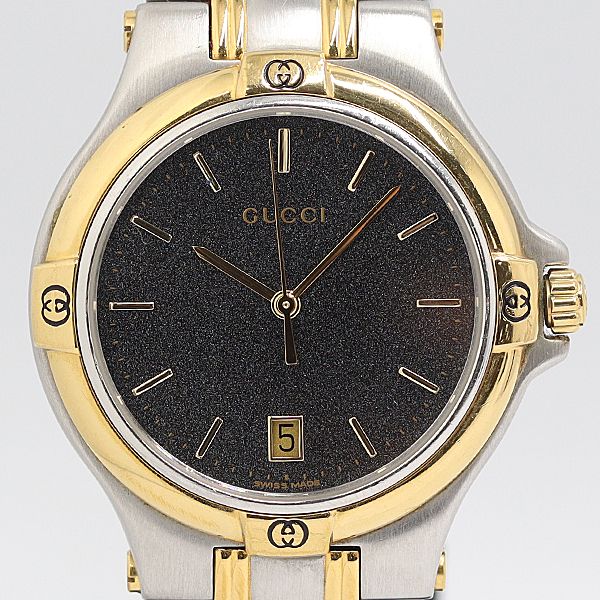良品 稼働 グッチ 9040M QZ デイト ブラック文字盤 メンズ腕時計