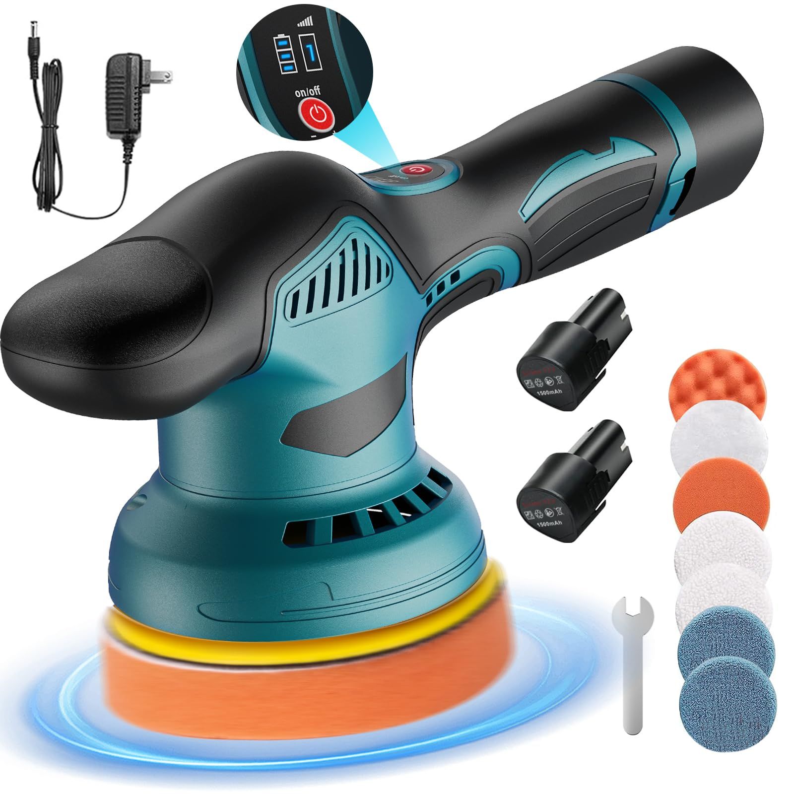 強化版 ポリッシャー 車 コードレス 電動ポリッシャー 充電式 8段変速 5500回転|分 大容量バッテリ一2個搭載 軽量 小型 研磨器 偏心構造 残量表示 強力 洗車 車磨き 傷消し 艶出し 鏡面磨き ワックス作業 家庭用 豊かな付属 78d601a3