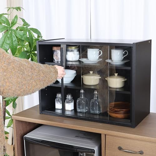 不二貿易 食器棚 キッチン収納 幅60×奥行29×高さ44cm ブラック ガラス 