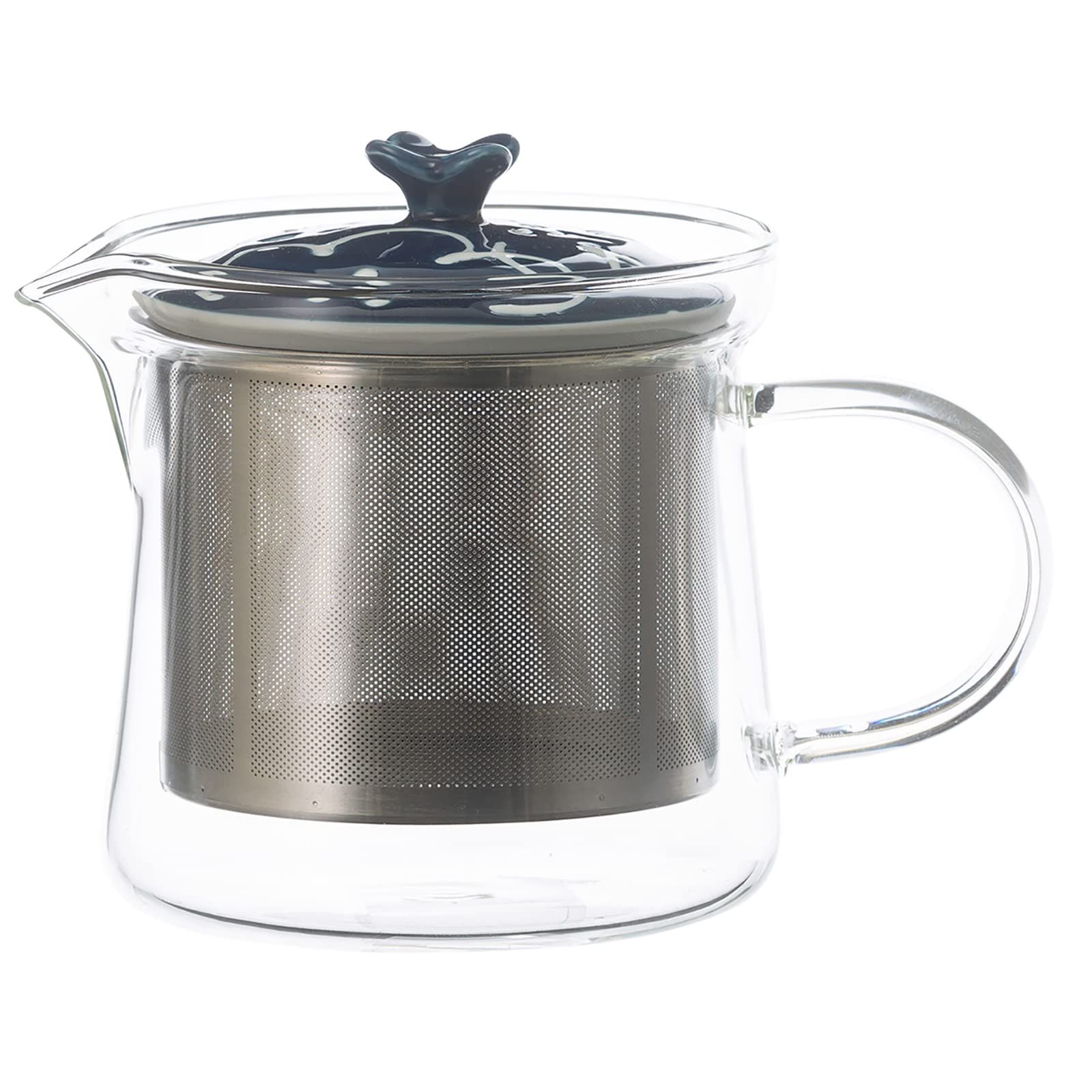 新品 西海陶器 波佐見焼 一誠陶器 ガラス ティーポット 小 約425ml (スーパーステンレス茶こし付) 花紋 ネイビー 日本製 20494