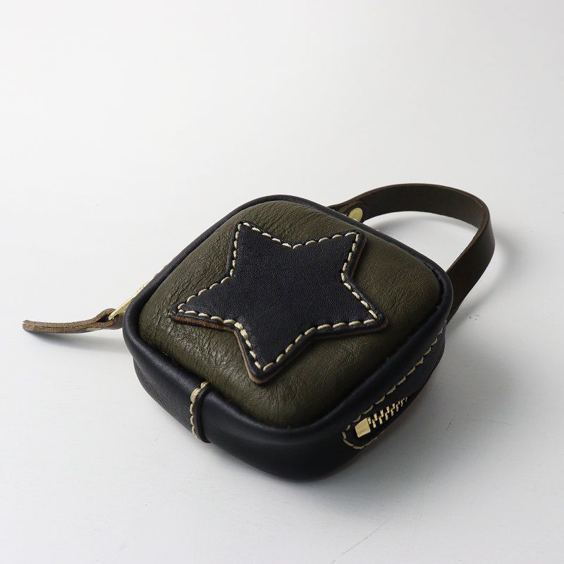 極美品 ヘルツ HERZ 星ポーチ＼カーキ ブラック キャメル 牛革 ミニ