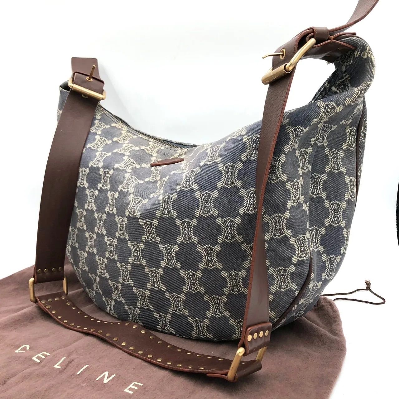 セリーヌ CELINE マカダム ショルダーバッグ デニム レザー 紺 