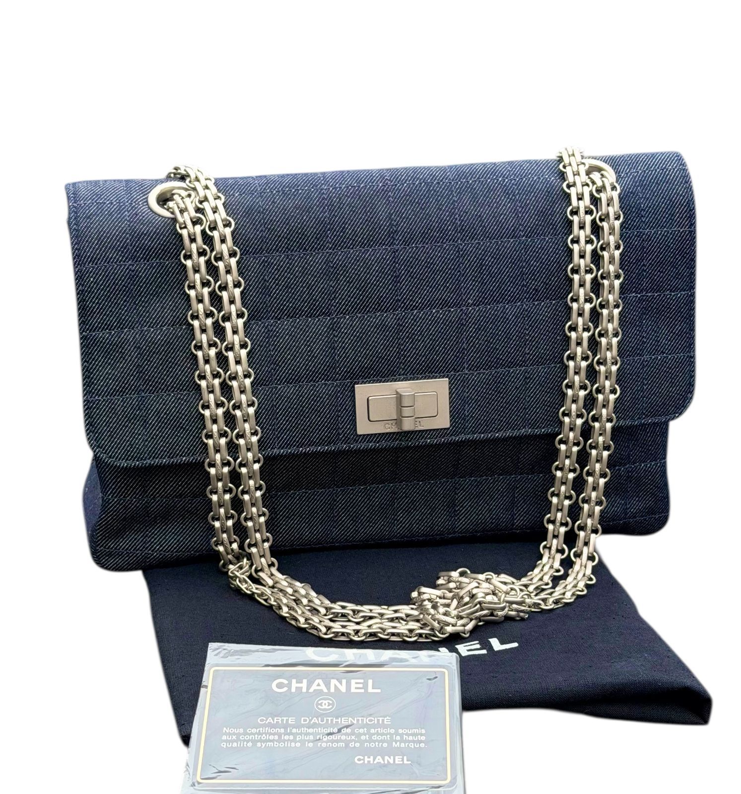 シャネル デニム チェーン ショルダー バッグ マトラッセ チョコバー 超美品◇シャネルCHANELデニム2.55チョコバーマトラッセシルバーSV金具