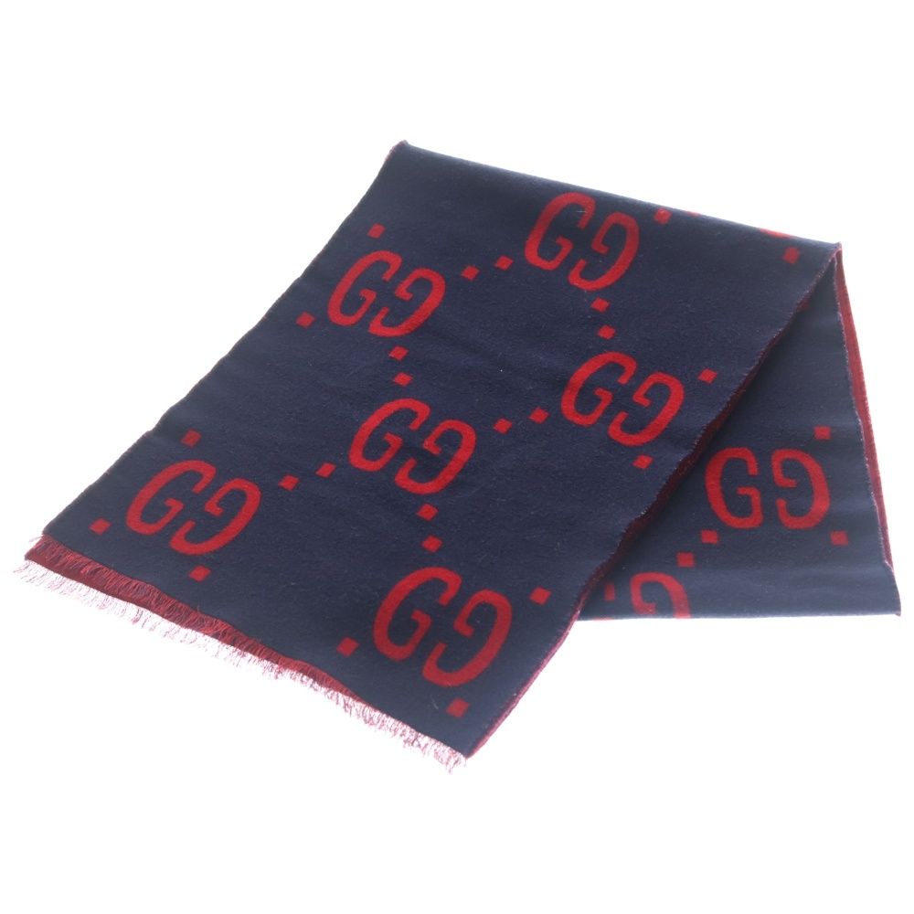 GUCCI (グッチ) ジャンボGGロゴ ウールシルクマフラー スカーフ レッド