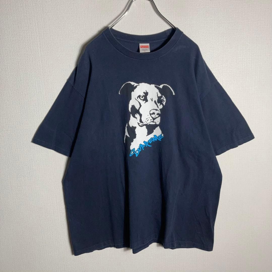 SUPREME Tシャツ ビッグロゴ 犬 紺 XL-商品の通販