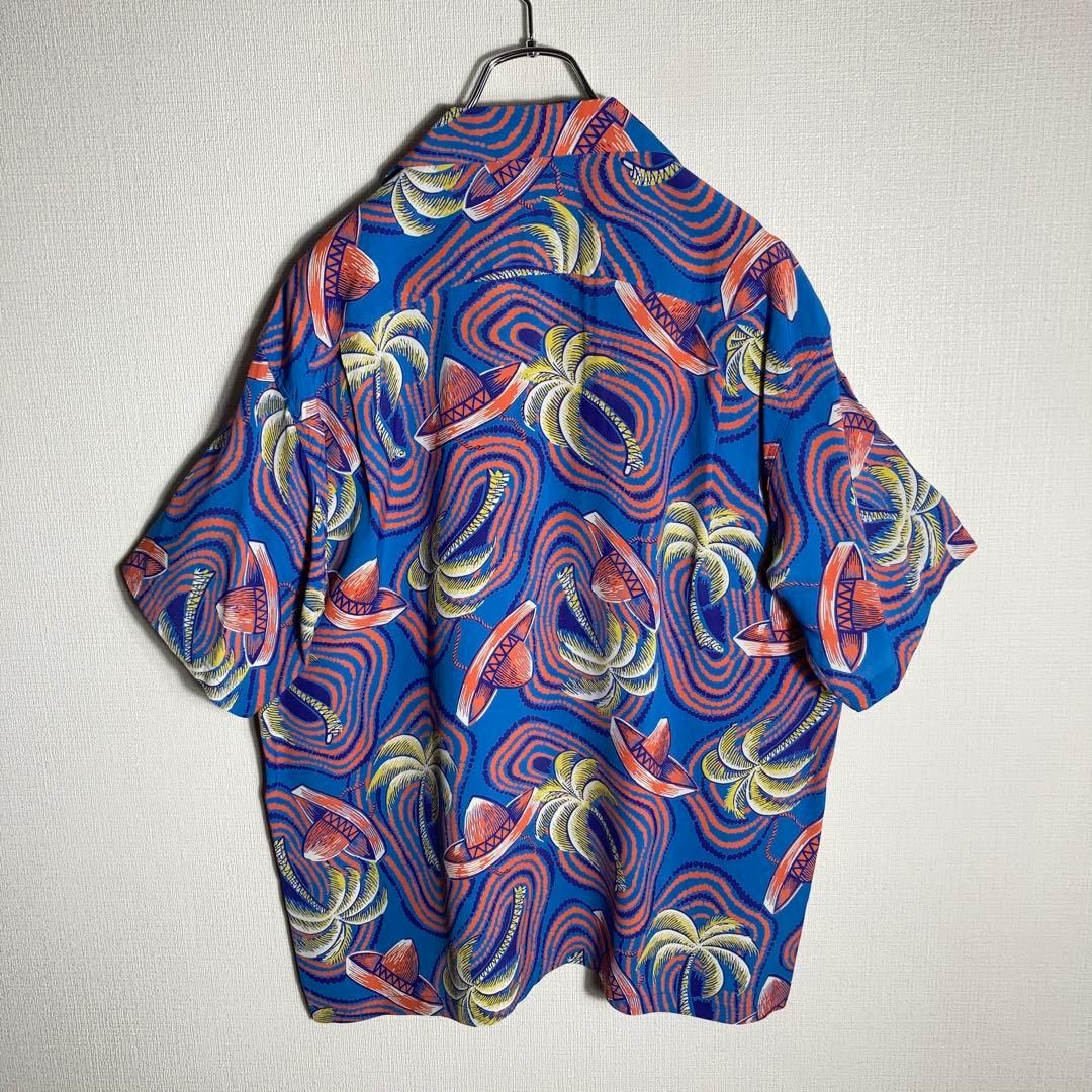 極美品】SUNSURF アロハシャツ 半袖 開襟 ヤシの木 ハワイ 青系 XL 
