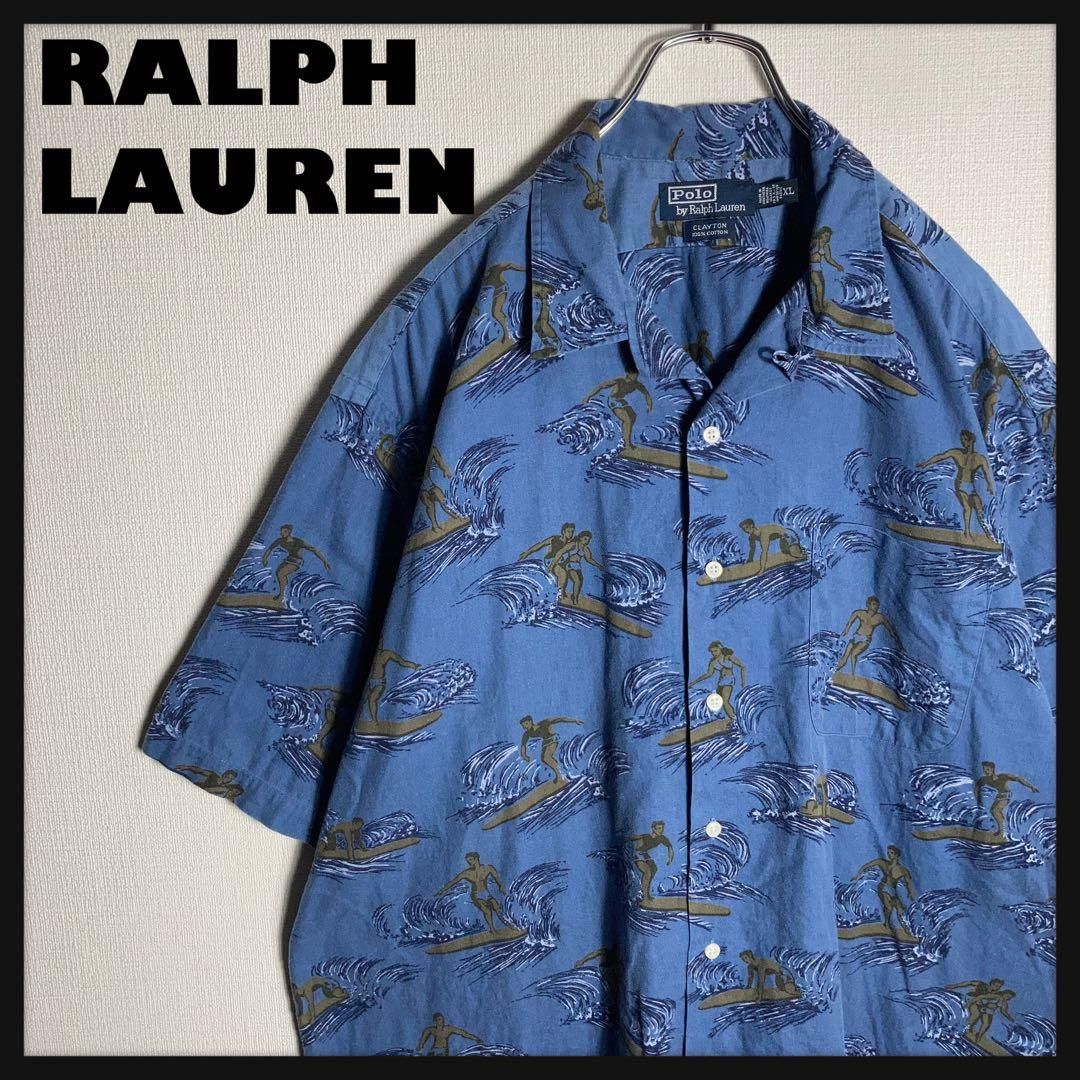 RALPH LAUREN アロハシャツ 半袖 開襟 総柄 サーフィン 青 XL-特価イラスト