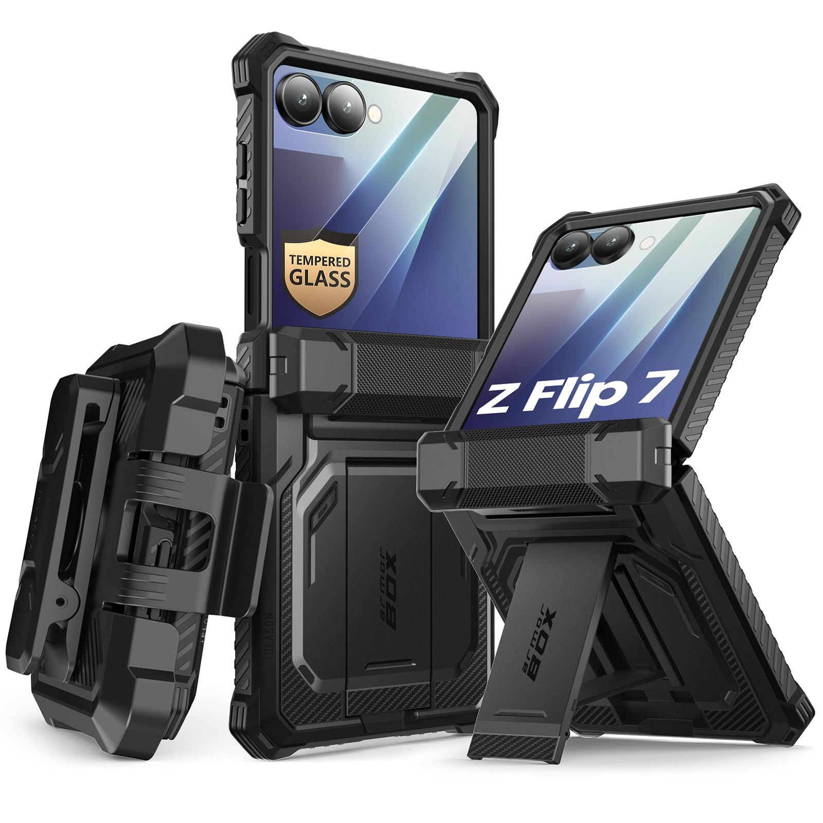 i-Blason Samsung Galaxy Z Flip 7用ケース スタンド付き [スクリーンプロテクター内蔵] [ヒンジ保護] [ベルトクリップ]、Samsung Z Flip 7(リリース)用フルボディミリタリー保護電話ケース (ブラック)