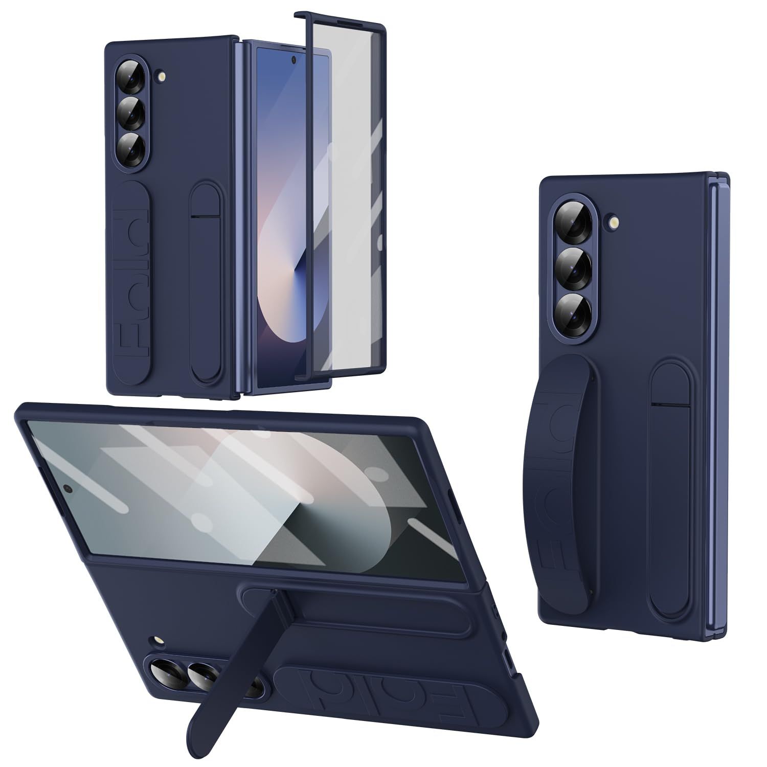 XIMAND for Samsung Galaxy Z Fold 7 保護ケース、リストバンドスタンド、内蔵スクリーンとレンズ保護機能付き、耐衝撃、フルボディ落下保護。(ブルー)