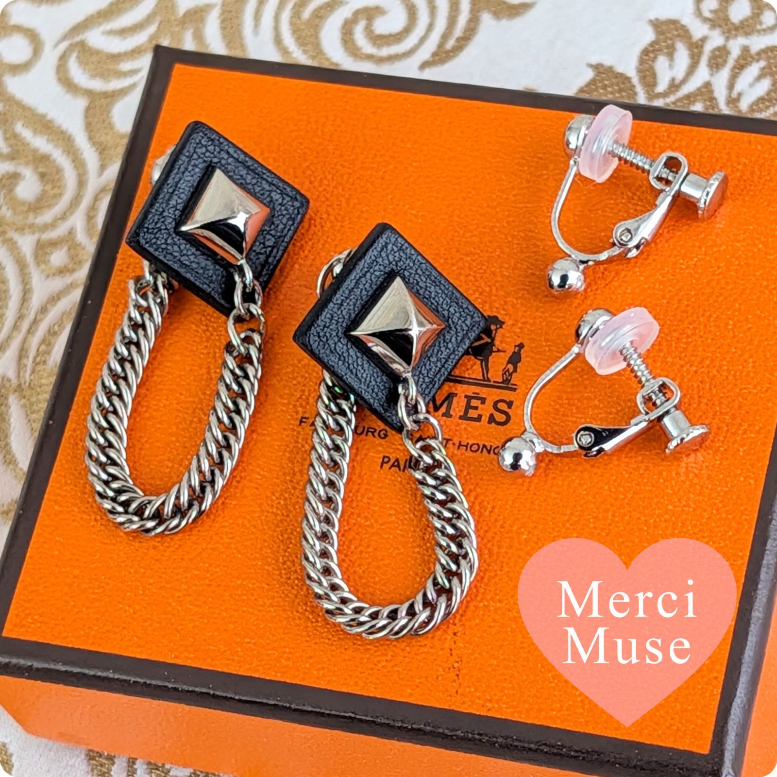❤お得なお品❤グルメットピアス ブラックxシルバー金具 エルメス 