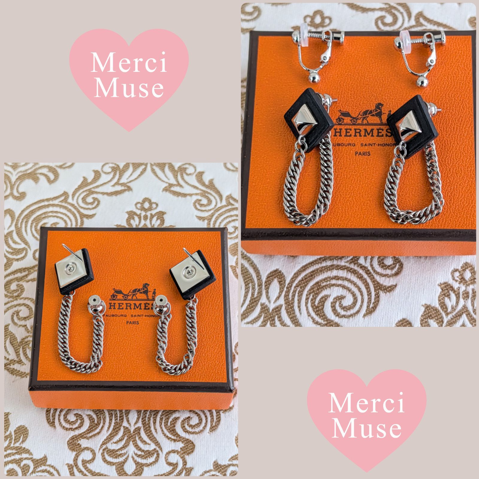 ❤お得なお品❤グルメットピアス ブラックxシルバー金具 エルメス 