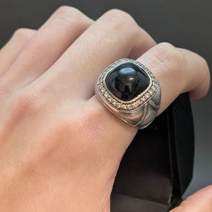 2000年代 THAI製 シルバー925 ブラックオニキス CZ 20号 12g スクエア 