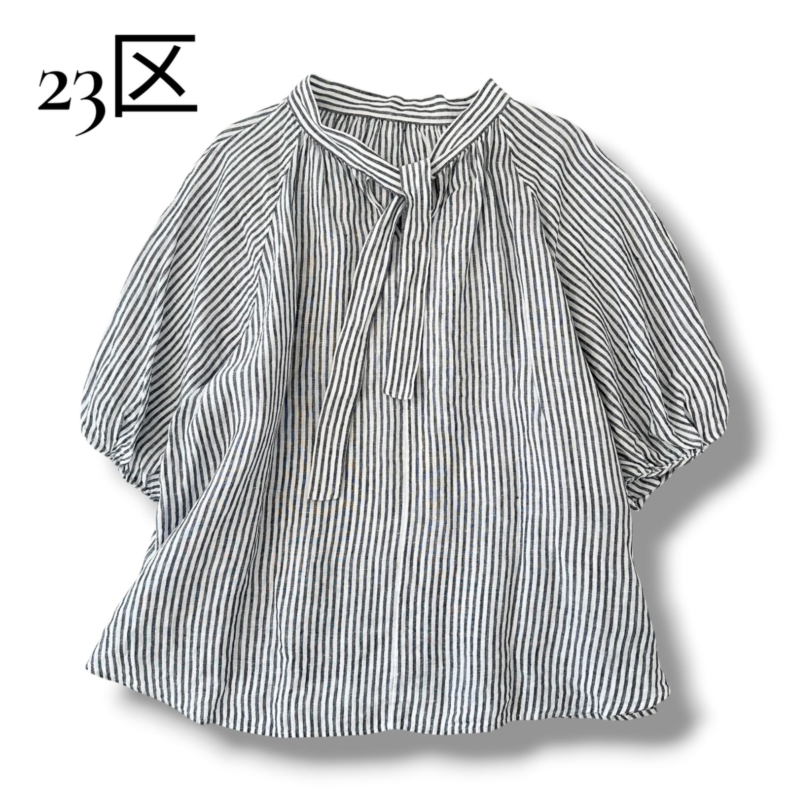 23区 LIBECO リネン ボウタイ ブラウス 大きいサイズ 46 3L 2XL ストライプ ネイビー 半袖 洗える 美品 レディース 6A032