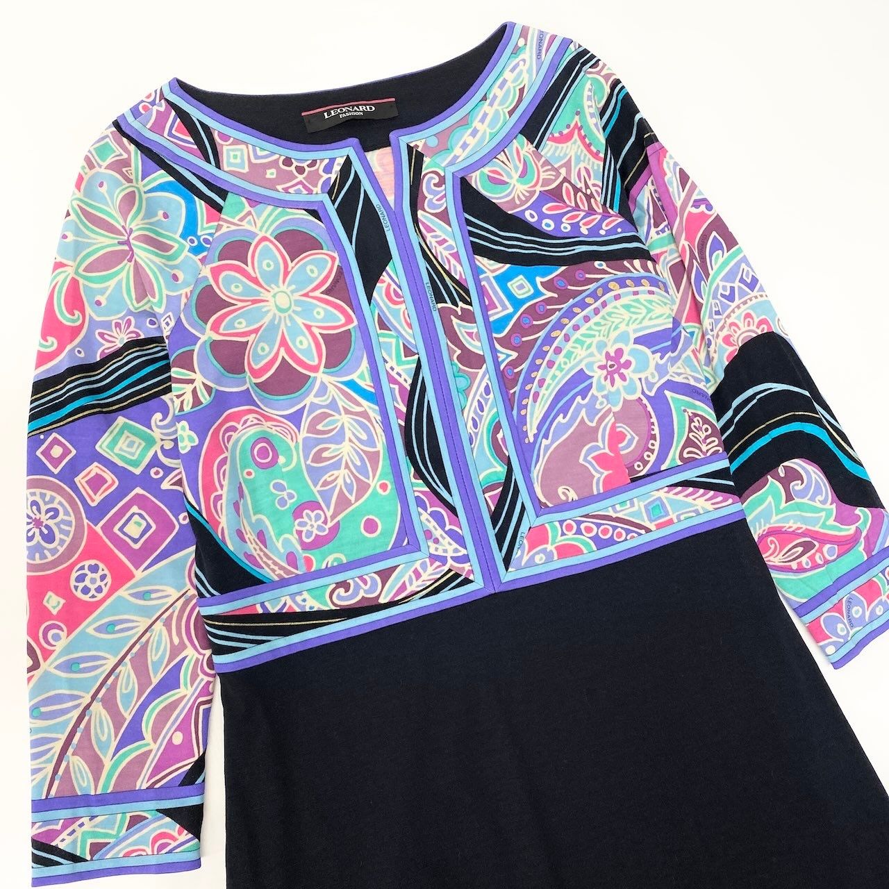 22d11 LEONARD FASHION レオナール 七分袖ワンピース 膝丈ワンピース