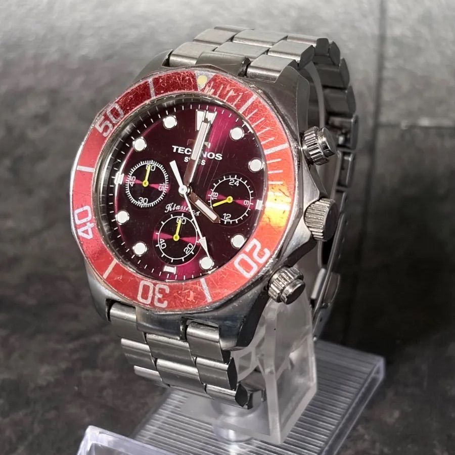 稼働】テクノス 腕時計 TECHNOS クロノグラフ T6A62 ワインレッド 