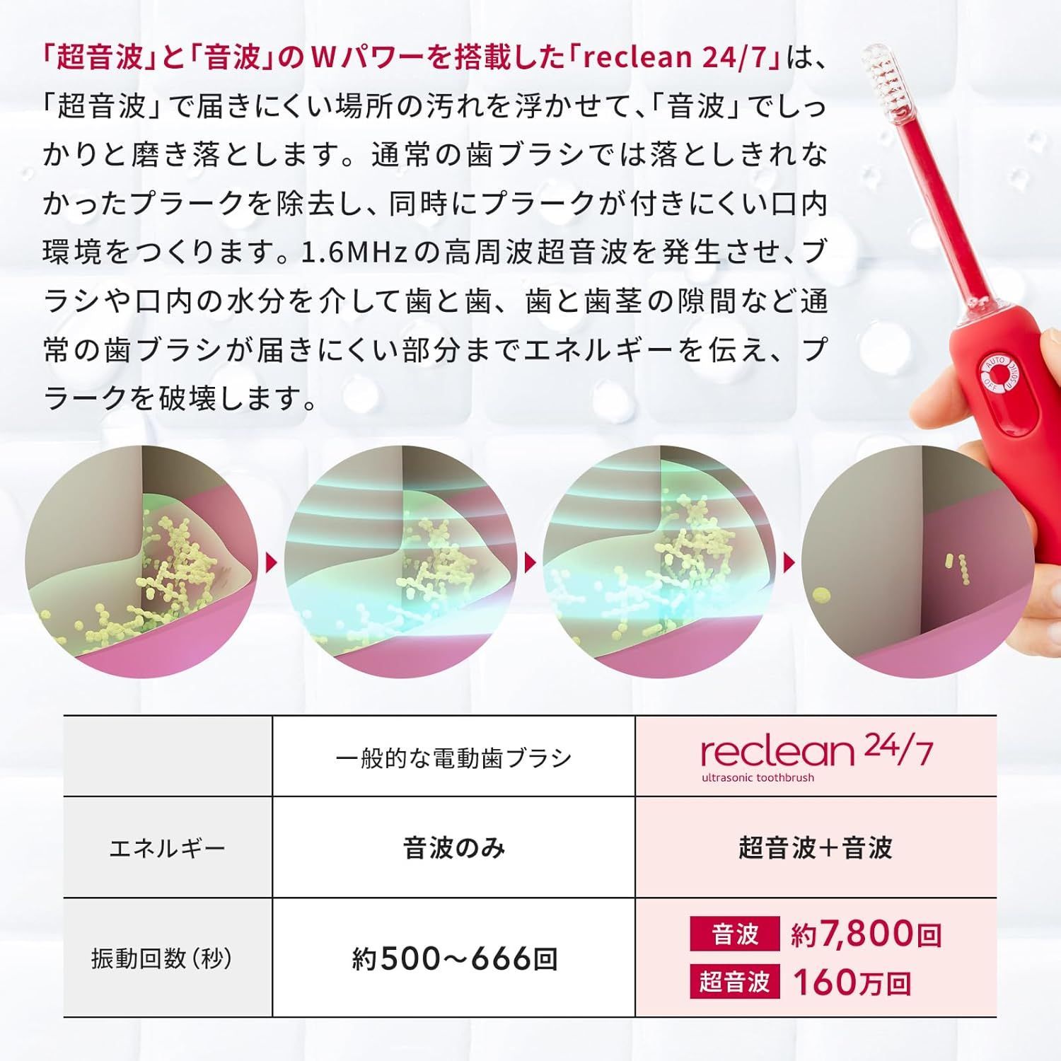 リクリーン reclean 24/7 パルス式超音波歯ブラシ 本体セット ブラック 
