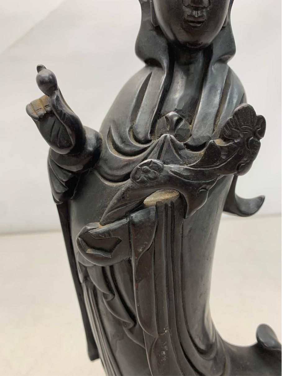 美術品 【極上品】木彫 観音菩薩像 36.5cm 1.1kg 黒檀 紫檀 仏像 唐木