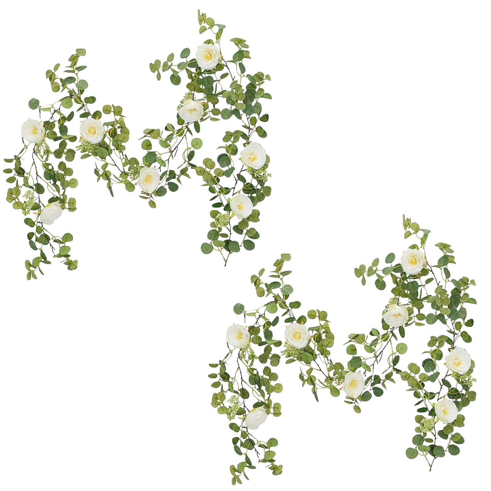 AhhYouMe 観葉植物 バラ フェイクグリーン リアル インテリア 造花 雑貨 ガーランド 壁掛け ハンギング 人工観葉植物 ユーカリ ホワイト 2個 [ホワイト] [2]