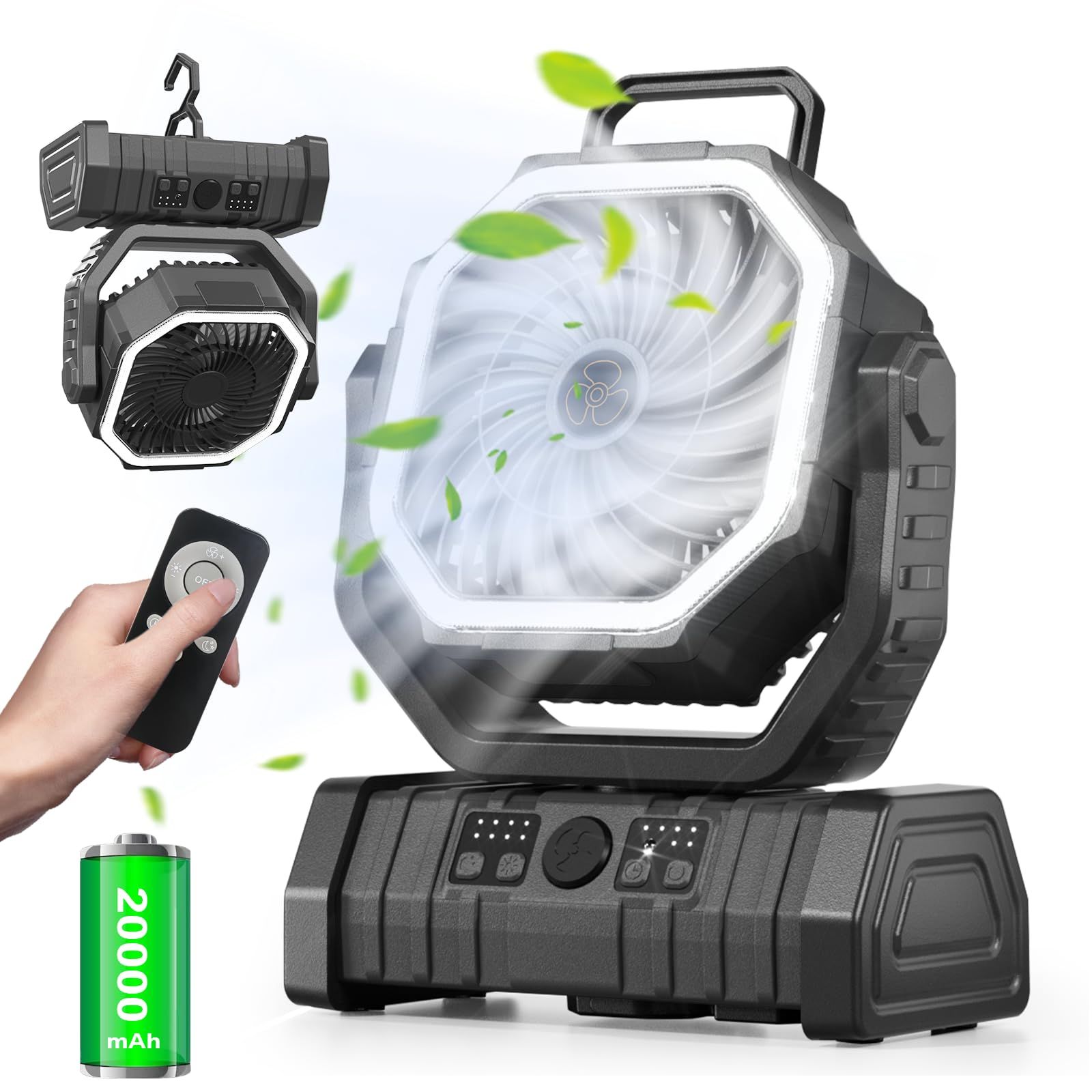 20000mAh-リモコン Richday キャンプ 扇風機 アウトドア コードレス TYPE-C充電式 切タイマー 風量4段階 自動首振り LEDライト 吊り下げ dcモーター サーキュレーター 強力送風 省エネ おしゃれ 車中泊 防災 25bdd08b
