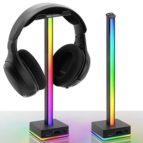 EZDIY-FAB 卓上 ヘッドホンスタンド USB LED デスクトップライト ヘッドセットスタンド 組み立て簡単 ヘッドセット テーブル 収納対策 PCデスク装飾LEDライト 50内蔵カラーモード RGB雰囲気ライトゲーム用 - ブラック 送料無料