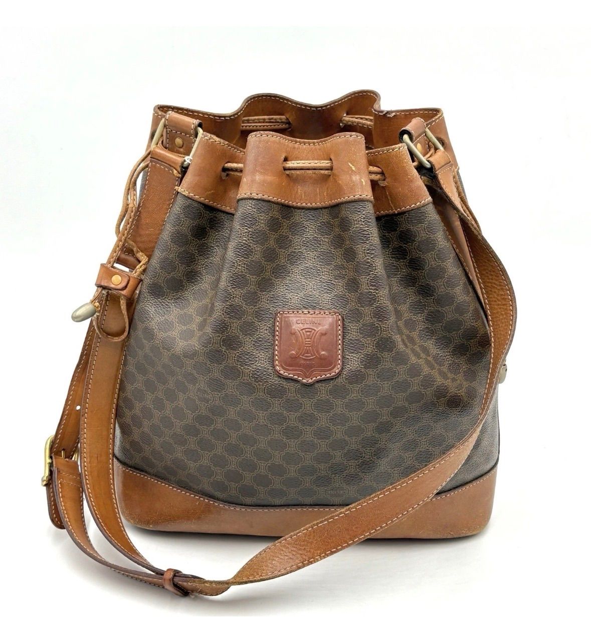 K浦004/ セリーヌ マカダム PVC レザー 巾着型 ショルダーバッグ CELINE - K浦004/ セリーヌ マカダム PVC レザー 巾着型 ショルダー