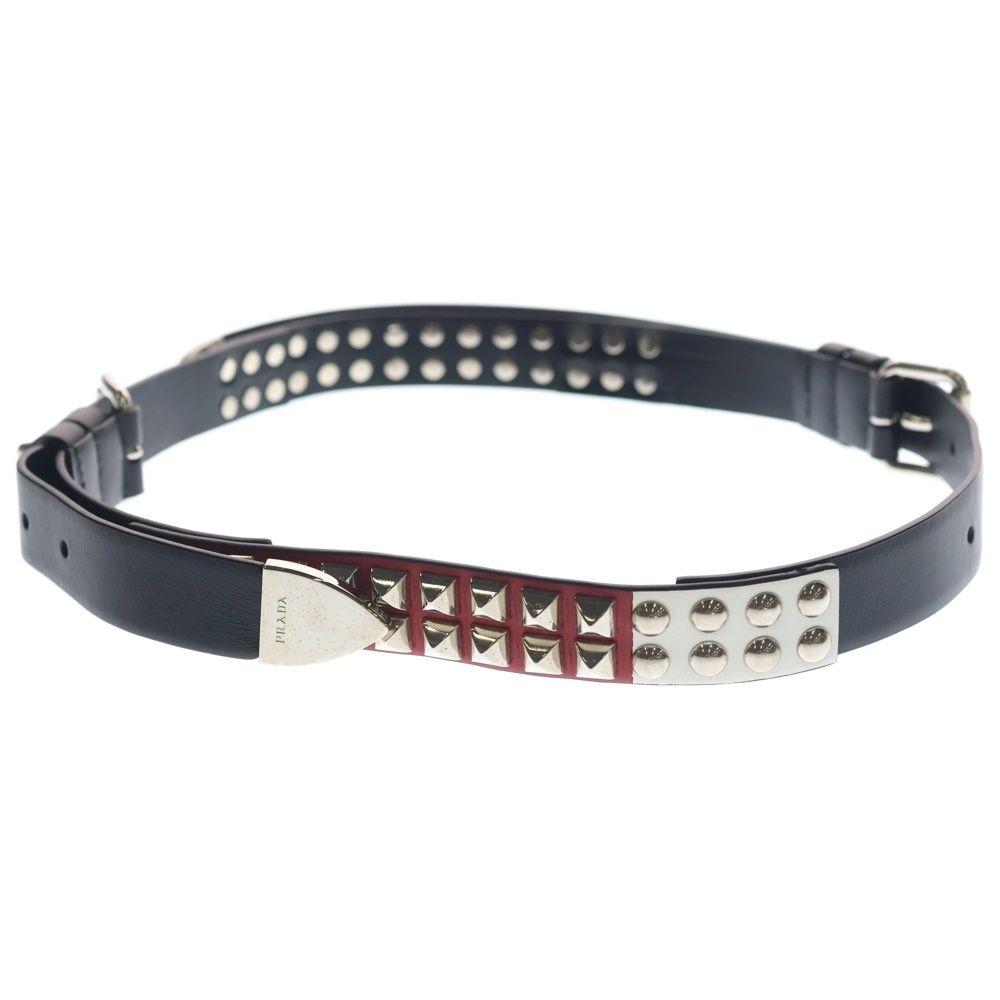 PRADA プラダ マルチスタッズ ダブルバックル レザーベルト ブラック/レッド シルバー金具 1CM141 PRADA (プラダ) マルチスタッズ ダブルバックル レザーベルト ブラック