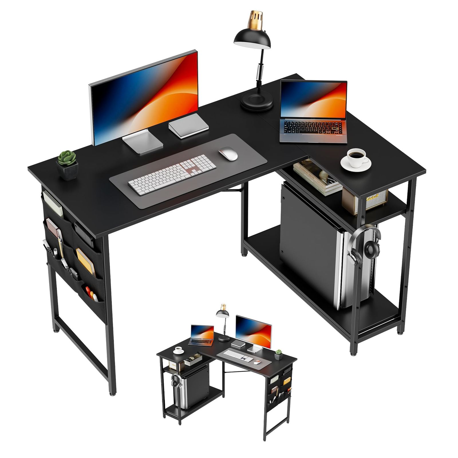 デスク 机 L字デスク パソコンデスク 幅107cm 机 pcデスク 勉強机 テーブル 作業机 ゲーミングデスク ラック付き l字型 棚板高さ調節 省スペース ブラック AR