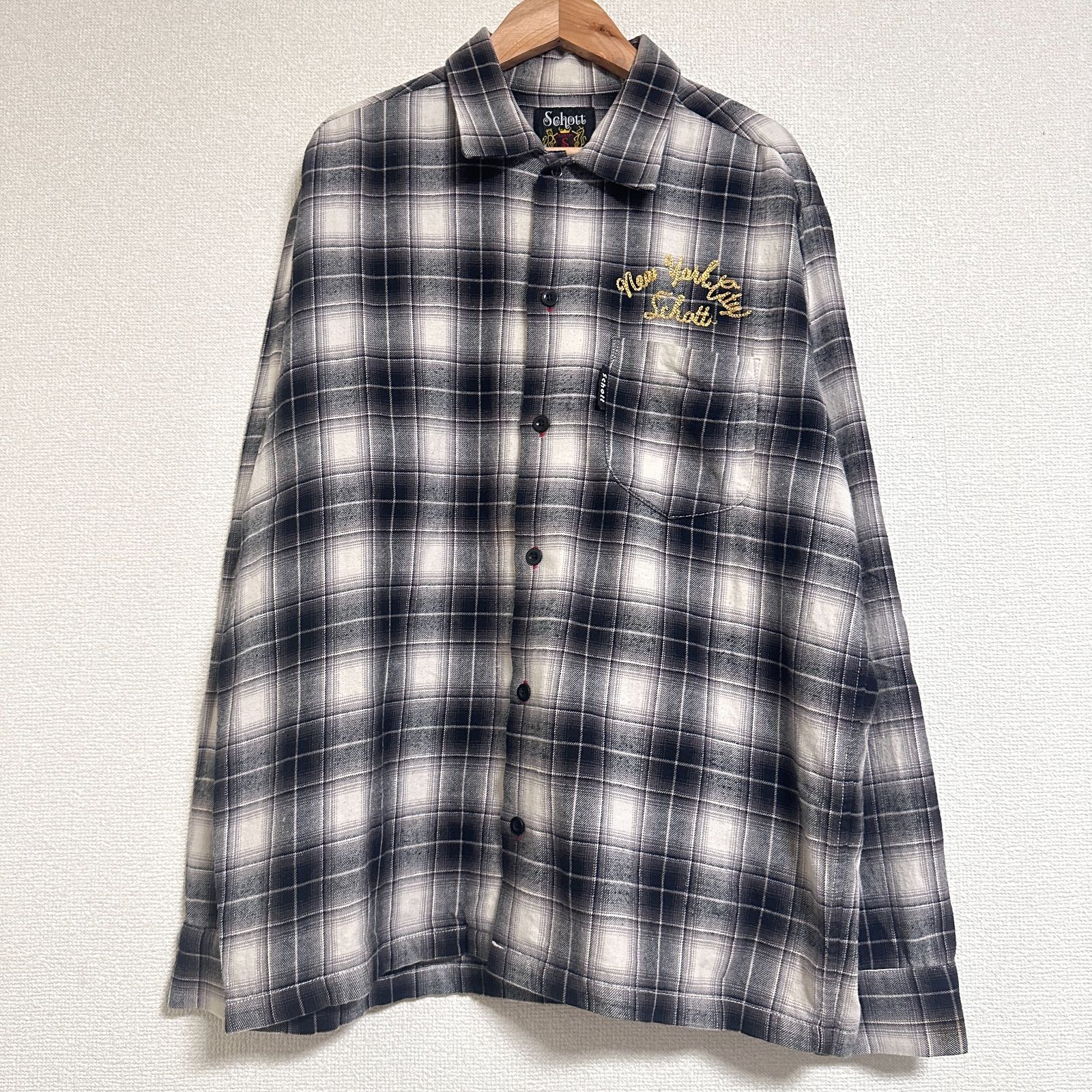 Schott バックメッセージ刺繍 オンブレチェック ネルシャツ グレー M