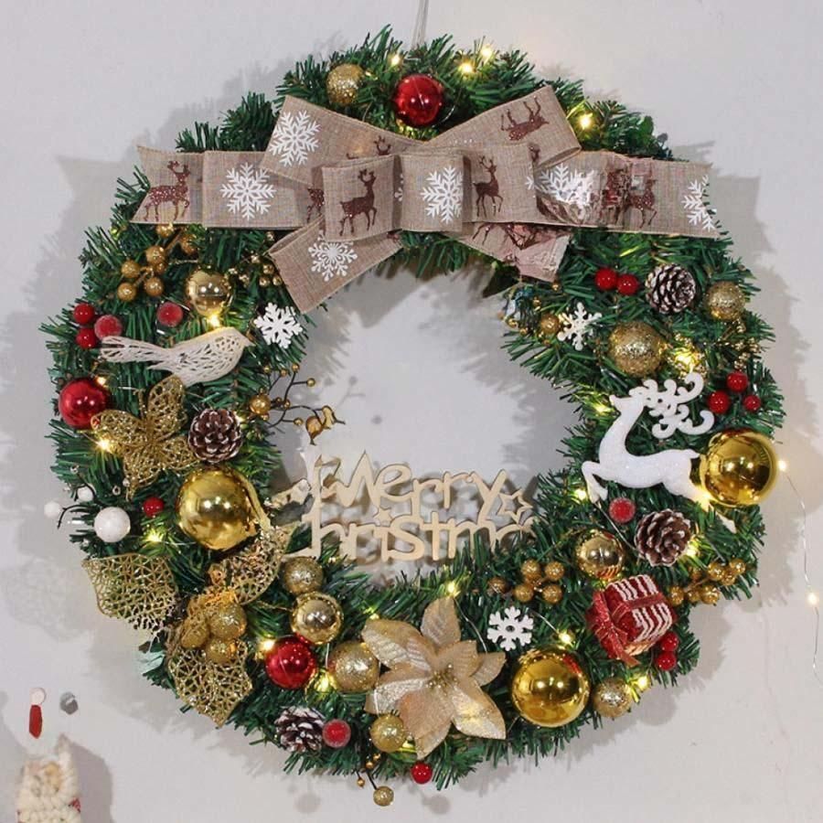 人気商品 クリスマス飾り 玄関ドア用 華やか オーナメント付 ボール リボン ledライト付 光る クリスマスリース 壁掛け 壁飾り 大人 リース ショーウィンドー