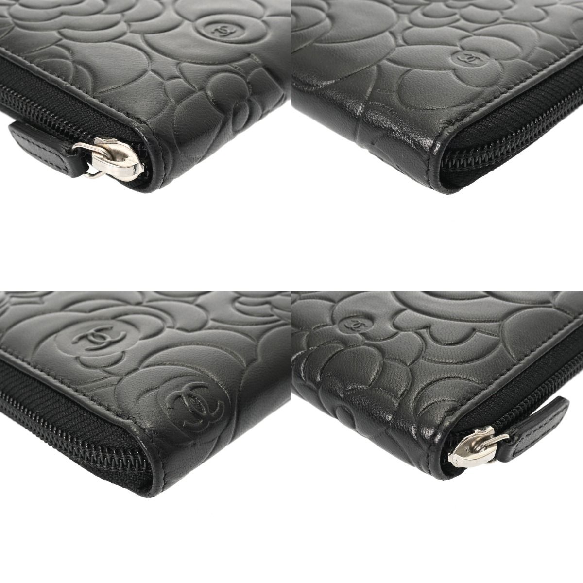 CHANEL カメリア ラウンドファスナー 長財布 レザー ブラック 中古・古着通販】CHANEL (シャネル) カメリア ラウンドファスナー長