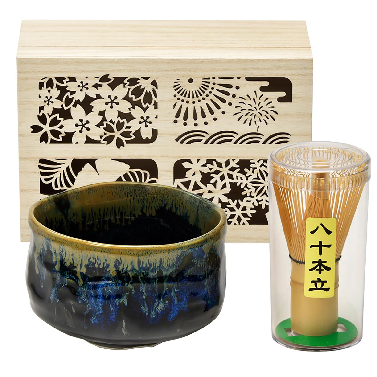 美濃焼 抹茶碗 ギフトセット 木箱入 窯変釉薬 青黒 ネイビー 約550ml 
