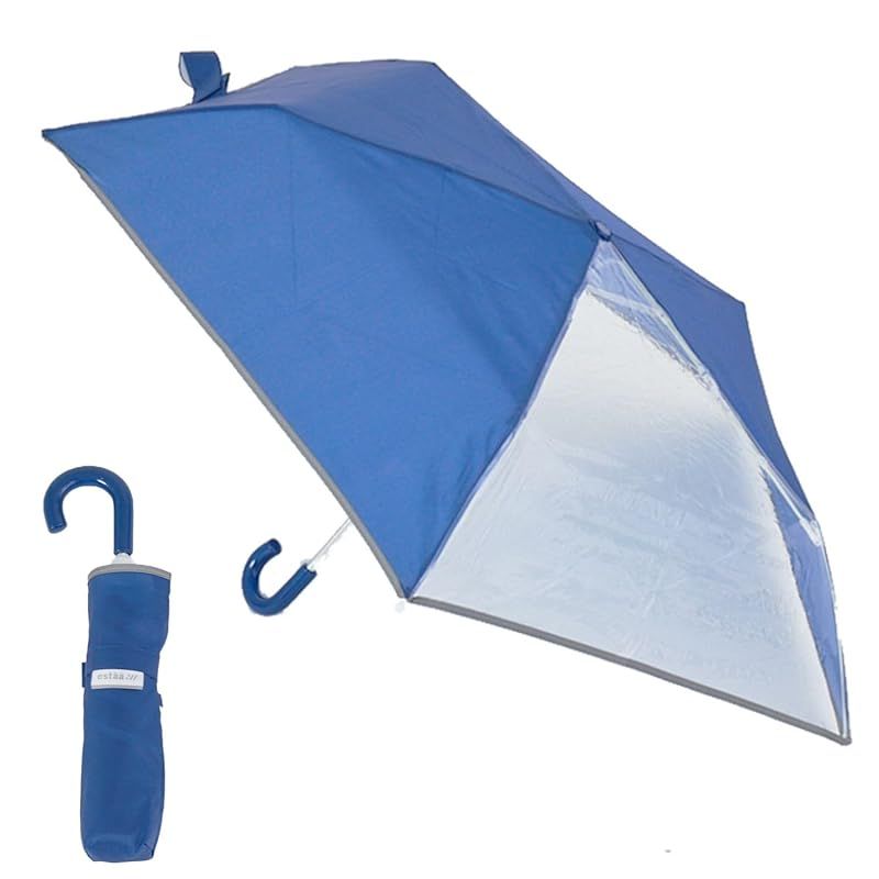 【新品】 estaa(エスタ) キッズ 折りたたみ傘 透明窓付き 雨傘 耐風 こども 男の子 女の子 無地 プレーン リフレクトテープ 反射 指をはさみにくい 親骨50cm 10357 ネイビーブルー 0