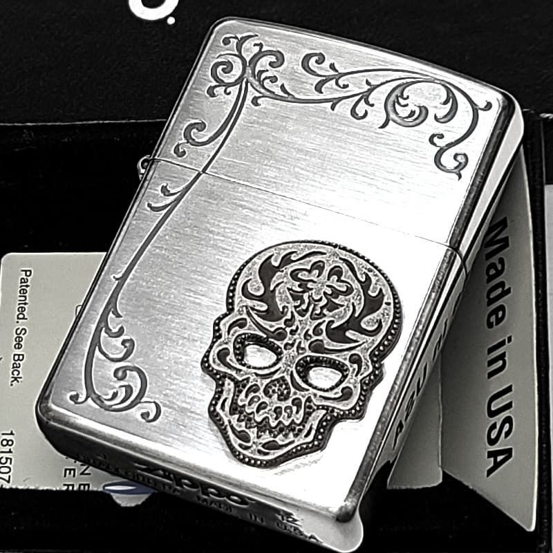 ZIPPO ライター 絶版 スカル アラベスク ジッポ 銀燻し 彫刻 ドクロ 