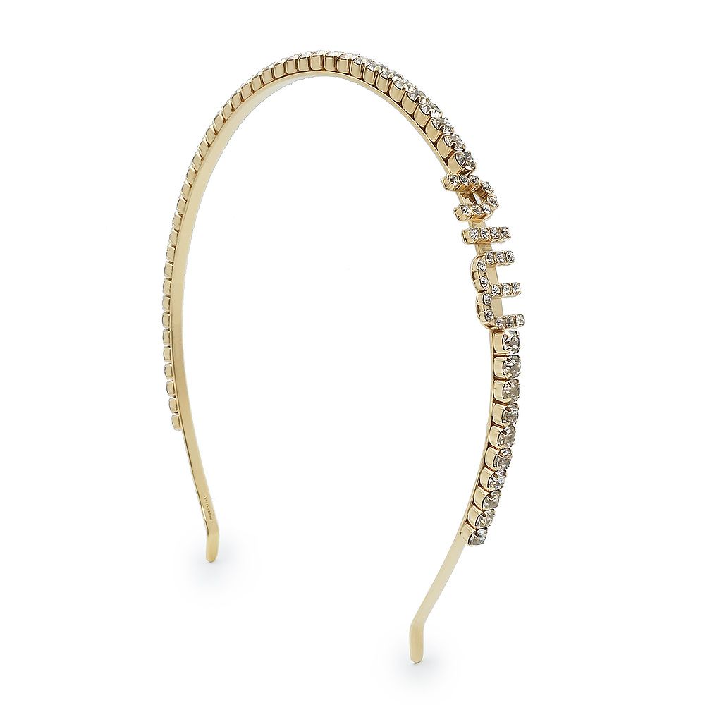 ❤︎美品❤︎ 【MIUMIU 】クリスタルヘアバンド カチューシャ　✨ゴールド✨ ミュウミュウ 5JH081 ロゴ リジッド クリスタル ゴールド カチューシャ