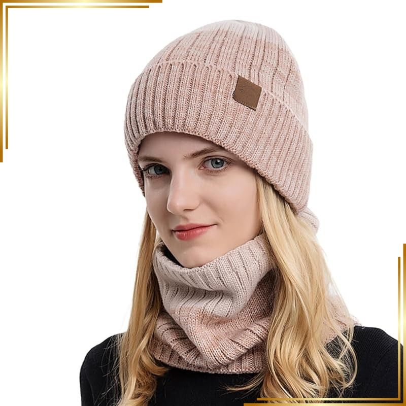 【新品】 [LeafIn] ニット帽 メンズ ネックウォーマー キャップ セット 暖かい 裏起毛 防寒 レディース 男女兼用 保温 自転車 バイク スキー スポーツ アウトドア 冬 9135 (ピンク) 1