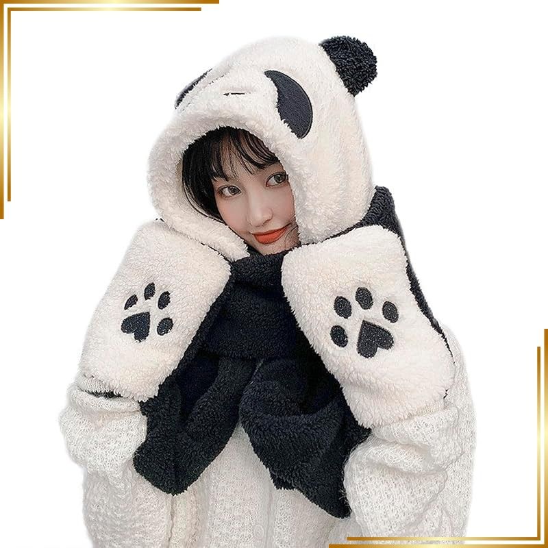 [신상품] [IPENNYE] 동물 모자, 스카프, 장갑, 모자, 여성용, 푹신한 후드, 스카프, 장갑, 귀달린, 팬더 짱, 푹신한, 보아, 따뜻한, 외출, 여아, 생일, 크리스마스, 새해 선물, 사진 촬영, 겨울 보호, 가을 1