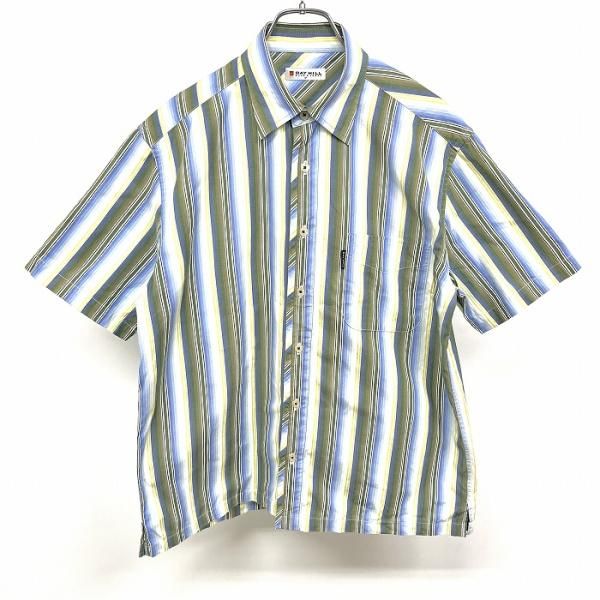 古着 ベイヒル BAY HILL シャツ 半袖 ストライプ 胸ポケット ボックスカット ショートスリーブ 綿100% コットン100% M 緑×紺×黄×白 メンズ
