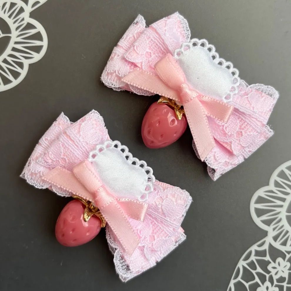 ハンドメイド♡春いちごレースフリルポニークリップ 今すぐ購入して無料でゲット ハンドメイド♡春いちごレースフリル