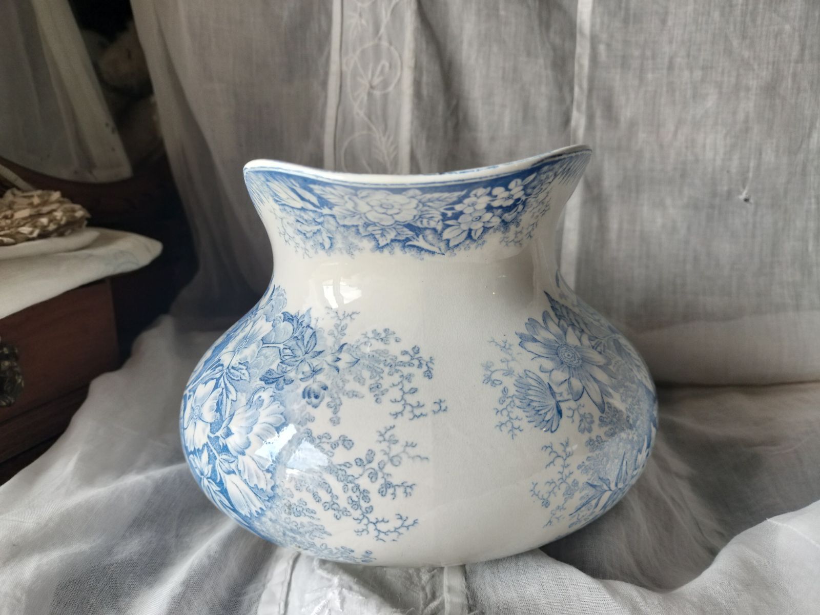 アンティーク　フランス　花柄　ブルー　1900年　洗面ピッチャーとボウルのセット フランス アンティーク 花 絵つき ジャルディニエール 陶器 ピッチャー