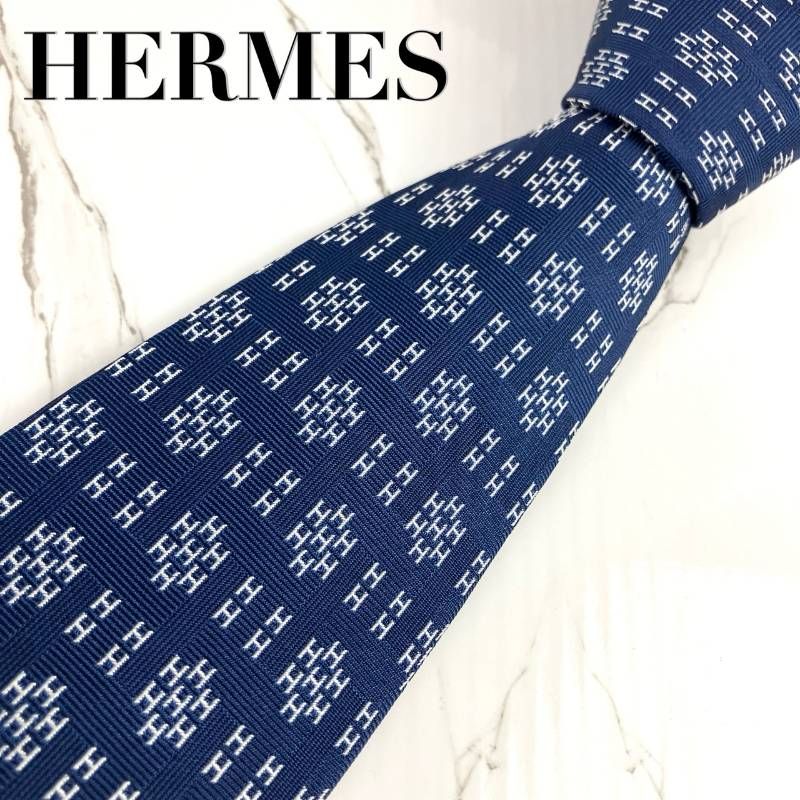 美品 HERMES エルメス ネクタイ ファソネ H柄 H織 ジャガード ネイビー