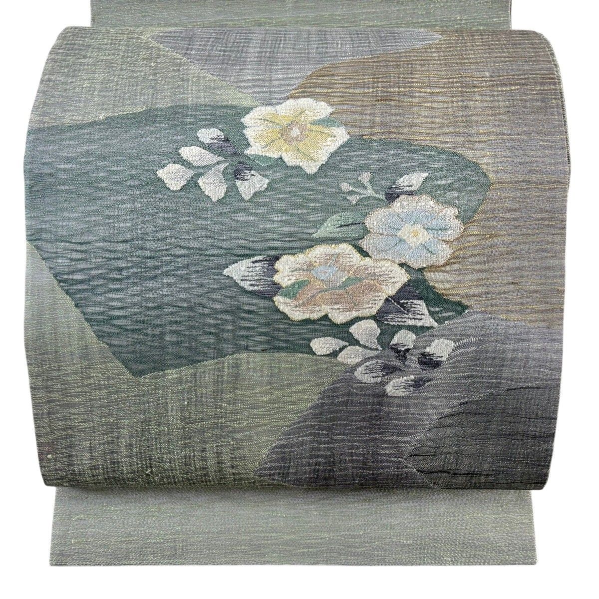 美品】 袋帯 秀品 夏紬地 草花 霞 金銀糸 灰緑 お太鼓柄 正絹 【中古 