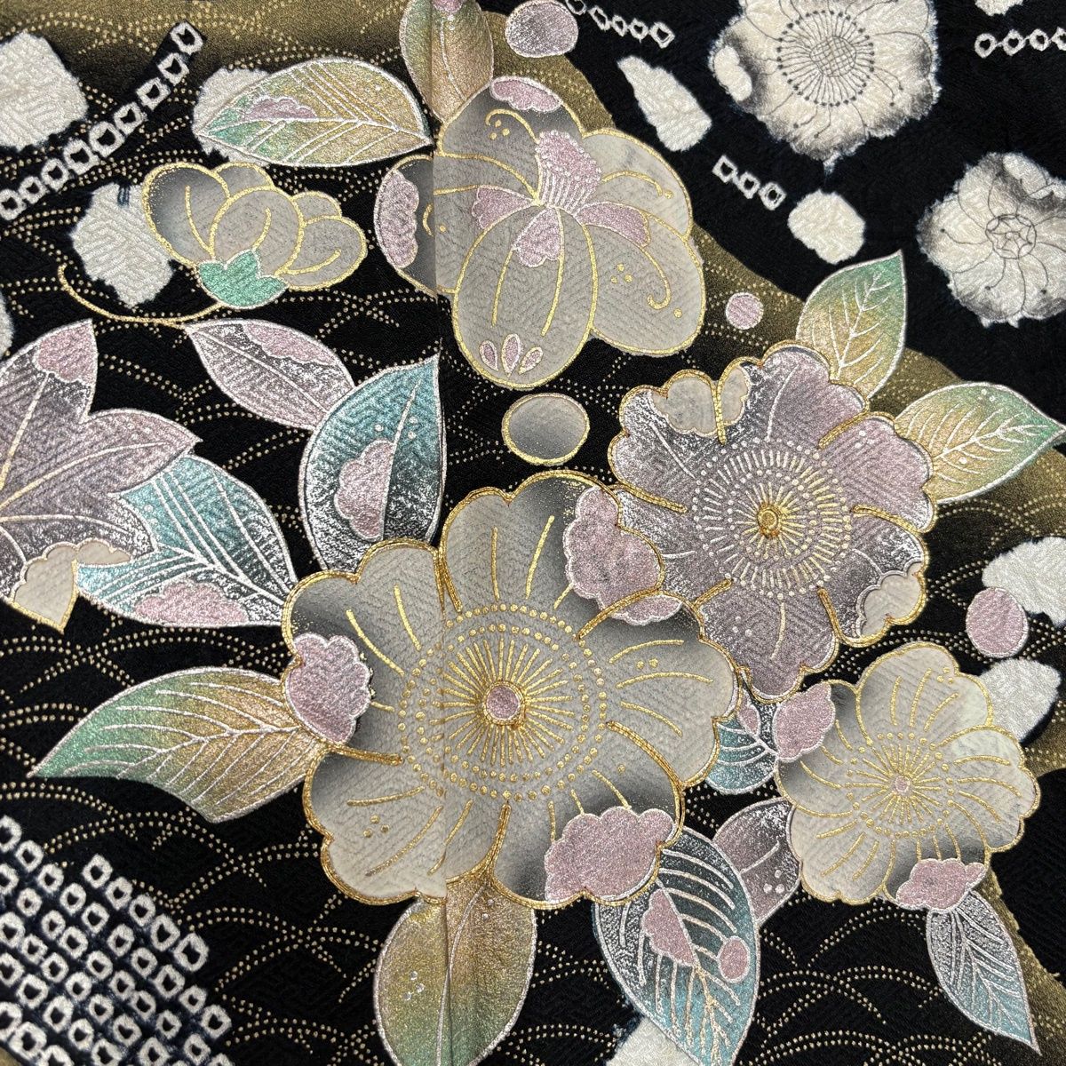 訪問着 身丈160.5cm 裄丈65.5cm M 袷 草花 芝 金糸 絞り 黒 正絹 秀品