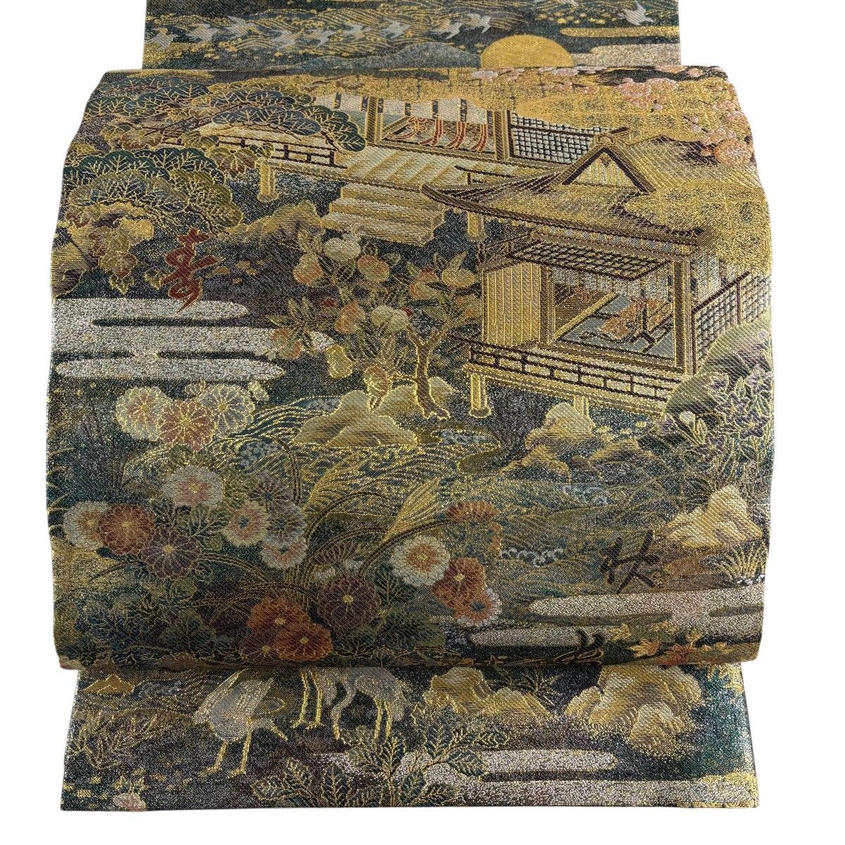 【美品】 丸帯 名品 和漢朗詠集 長生殿蒔絵図 本金箔 金色 全通 正絹 【中古】