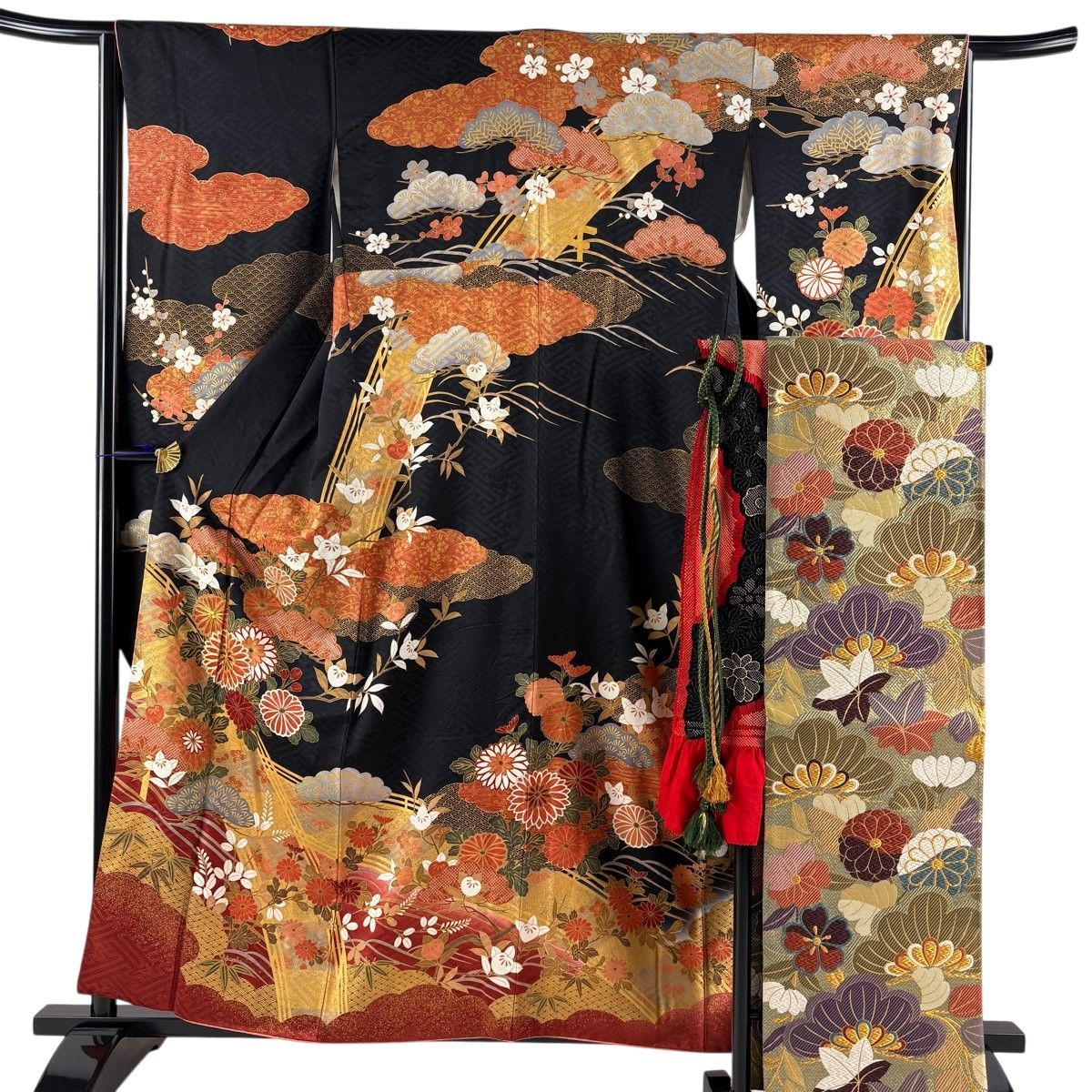レディース 振袖フルセット6点サイズM〜L飛鶴菱花文 暈