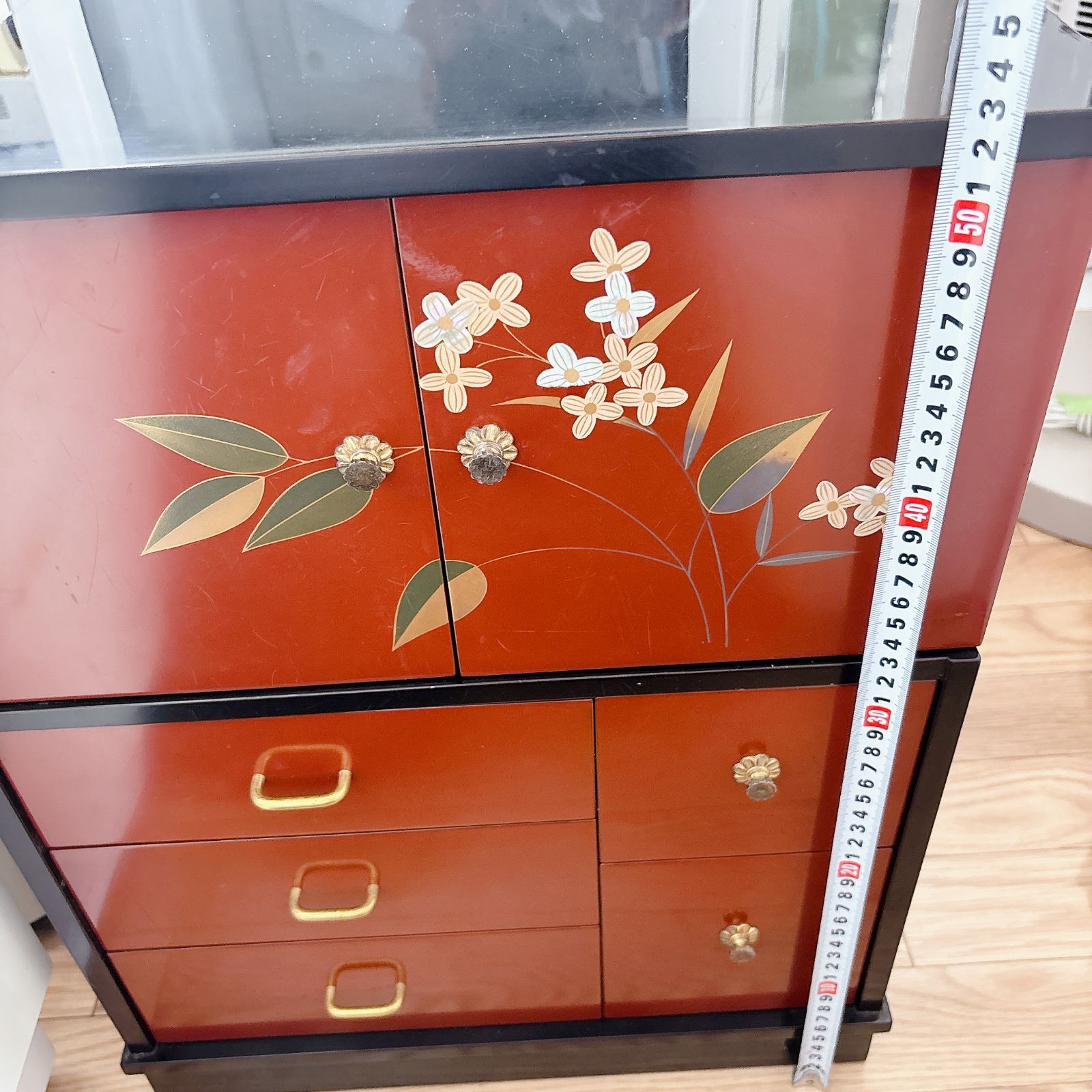 和風小箪笥 #6480-0407-1 朱色 ブラック 螺鈿細工 花柄 収納棚 