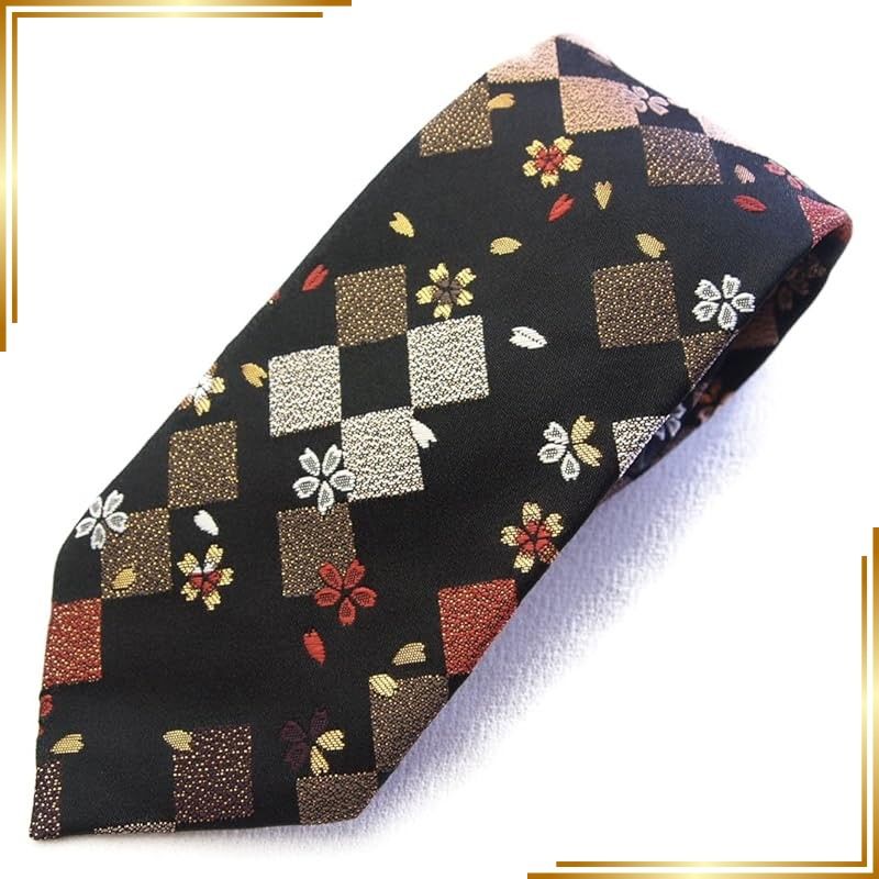 【新品】 [四季彩の店] 最高級 和柄 ネクタイ 金襴 金らん こだわりの一本 日本製 ハンドメイド 西陣織り 結婚式 にも最適 (黒四角) 0 の商品写真