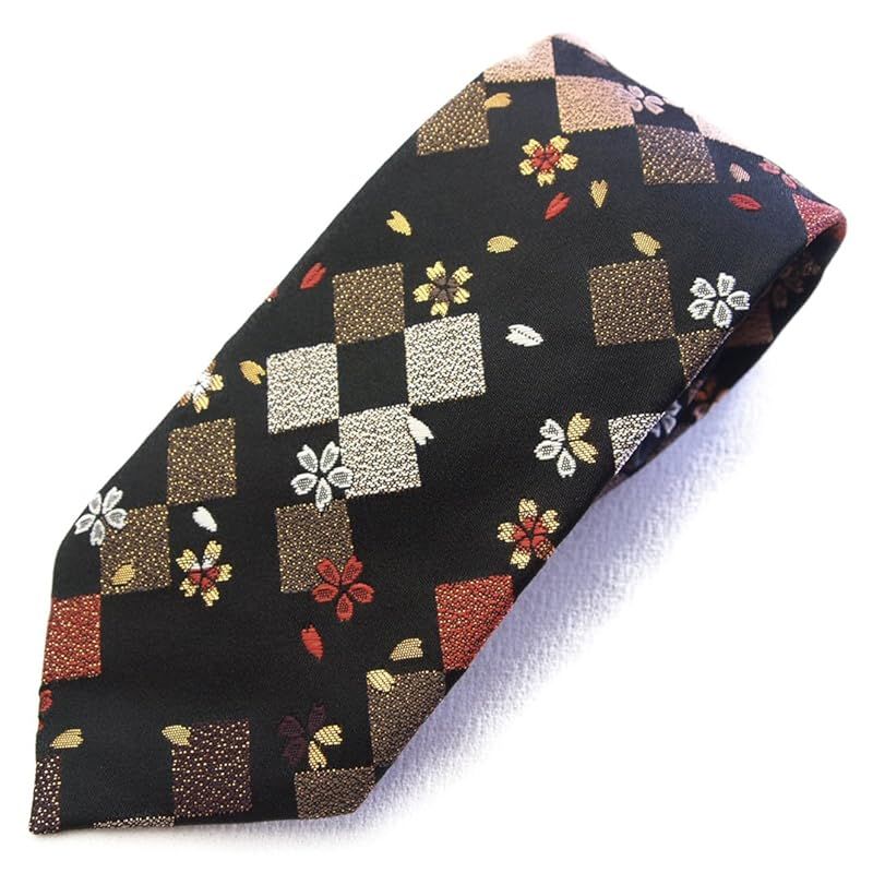 【新品】 [四季彩の店] 最高級 和柄 ネクタイ 金襴 金らん こだわりの一本 日本製 ハンドメイド 西陣織り 結婚式 にも最適 (黒四角) 0