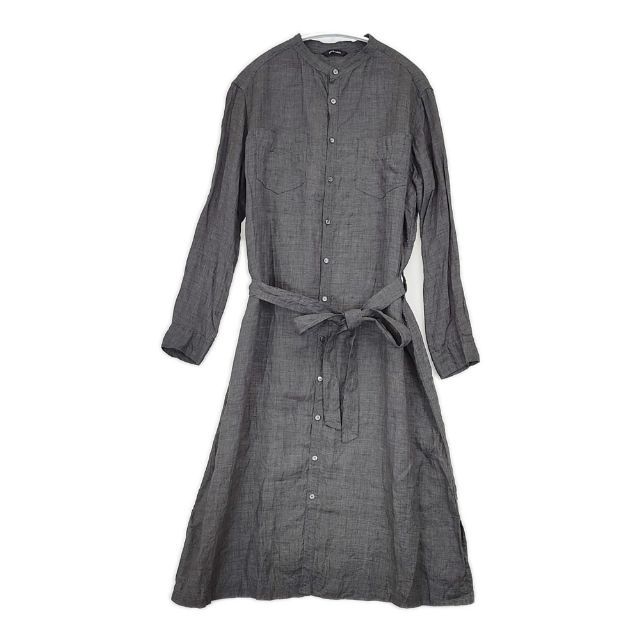 パドカレ シャツワンピース リネン100% 長袖 バンドカラー ウエストベルト pas de calais リネンバンドカラー シャツワンピ ベルト付き 製品洗い
