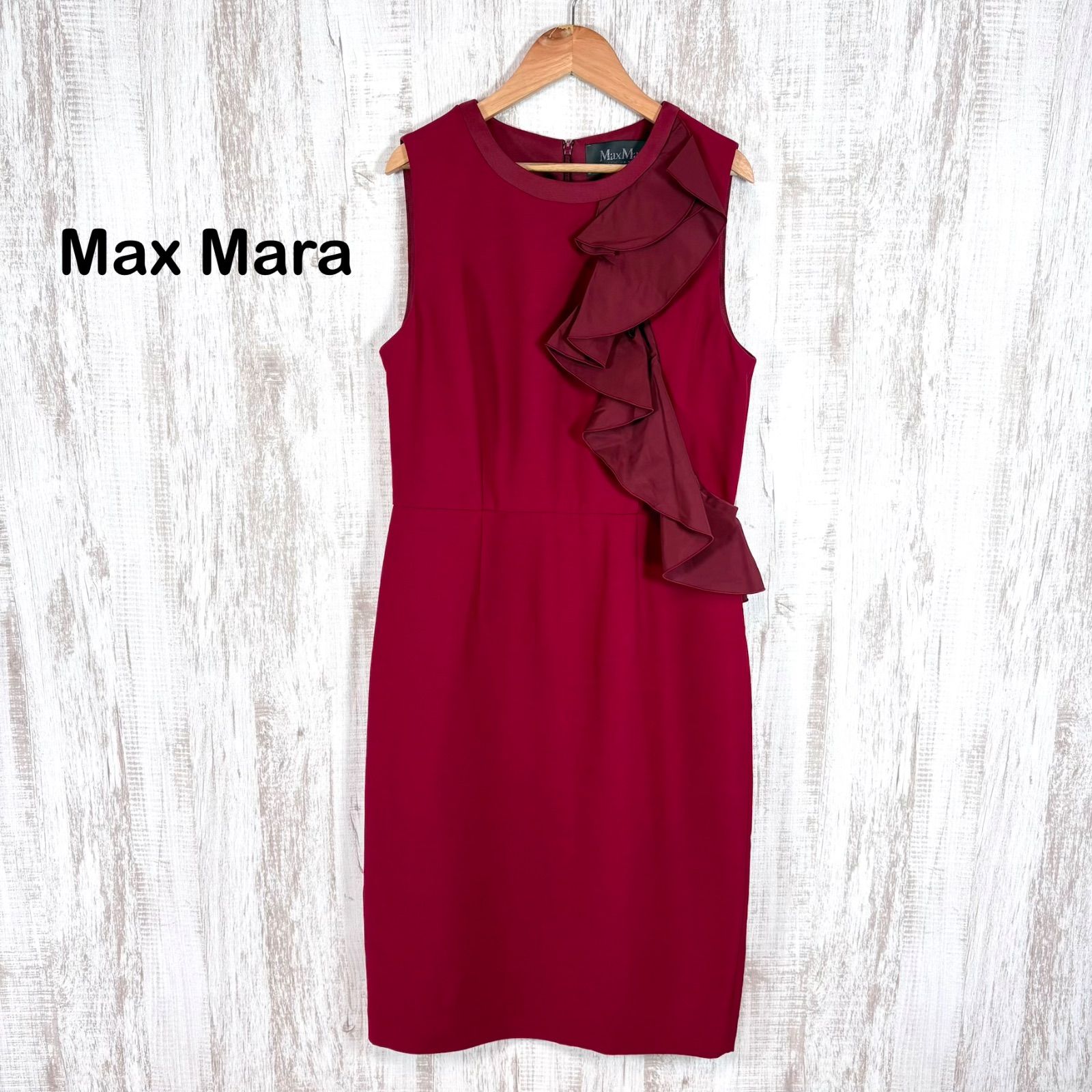美品 Max Mara マックスマーラ ボリュームフリル ウール シルク ノースリーブ ワンピース レッド レディース 大きいサイズ