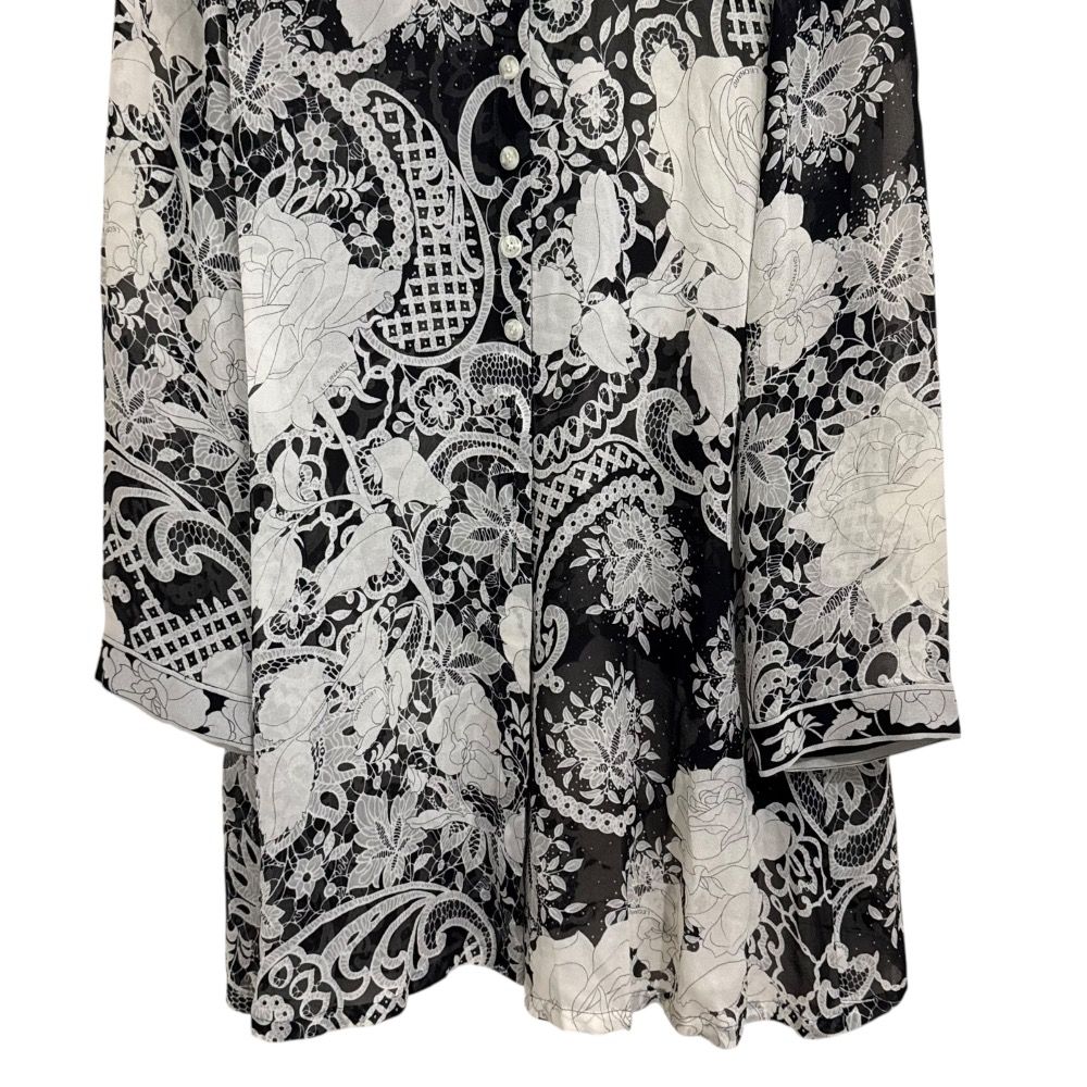 美品 LEONARD FASHION レオナールファッション フラワープリント シルク100％ 長袖 シアー チュニックブラウス 9R ブラック×ホワイト レディース 古着 中古 USED LEONARD FASHION 美品 レオナールファッション フラワープリント
